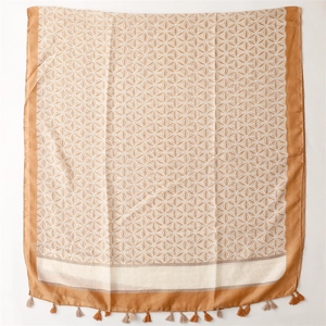 Close-up of beige pashmina shawl with geometric floral patterns and fine tassel details