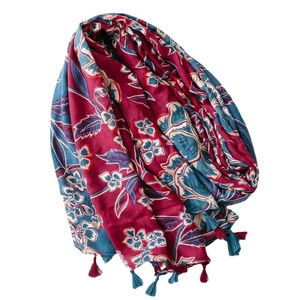 Red and blue floral cotton linen scarf with tassel fringe for sun protection and styling