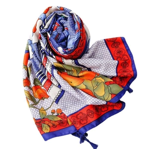 Ethnic style orange silk shawl scarf with persimmon prints and blue tassels for sun protection