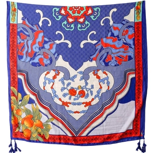 Ethnic style silk scarf with auspicious cloud patterns and blue tassels on white background