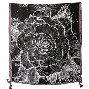 Ethnic style black silk scarf with rose flower print, leopard pattern and purple tassels