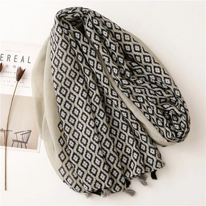 Détail de l'écharpe bohème avec motifs géométriques et glands gris sur fond blanc