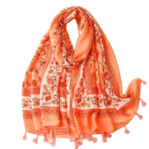 Floral cotton-linen feel scarf in bright orange with vintage camellia print and tassels