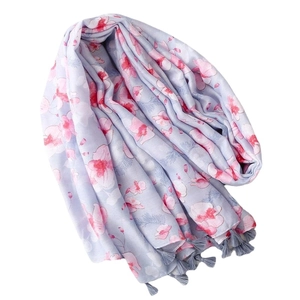 Vintage floral cotton linen scarf with soft tassels and watercolor flower prints