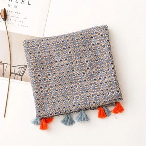 Detail of geometric pattern knit scarf with colorful tassel fringes on white background