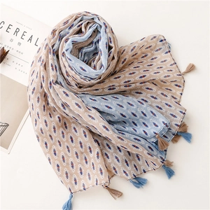Detail shot of bohemian tassel scarf with geometric patterns and lightweight fabric