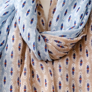 Close-up of geometric floral printed scarf showing weave texture in blue and brown
