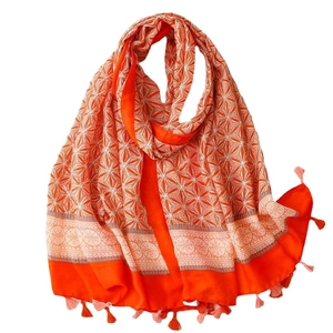 Ethnic floral print scarf with orange tassels and geometric patterns on a white background