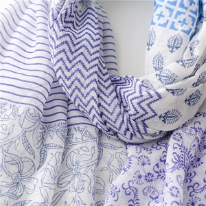 Detailed close-up of blue and white geometric floral cotton linen scarf texture