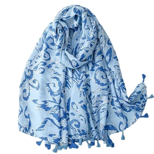 Hellblauer Baumwoll-Leinen-Schal mit elegantem Federdruck und Quasten für Damen