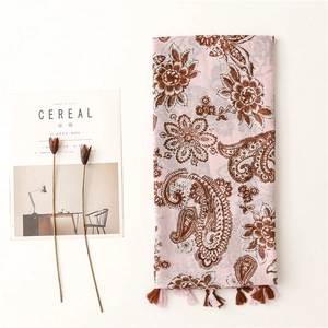 Bohemian light pink floral paisley scarf with dual-tone tassels and vintage vine print