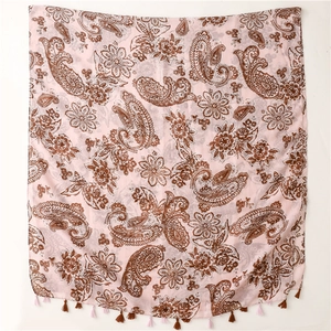 Pink bohemian paisley cotton linen feel scarf with elegant floral prints and tassel fringe