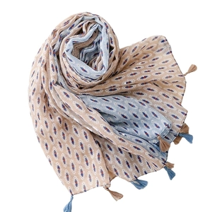 Bohemian geometric scarf shawl with blue tassels and ethnic diamond pattern