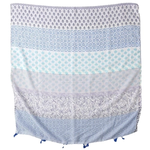 Blue geometric patchwork scarf with tassels and floral patterns for women
