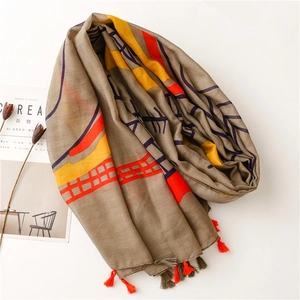 Dark khaki map pattern scarf with vibrant tassels and artistic geometric print