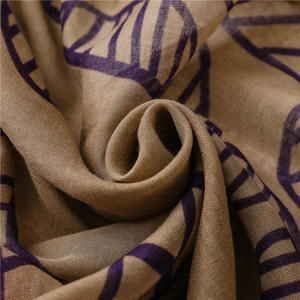 Detailed texture of cotton linen scarf with dark purple hand-drawn map patterns