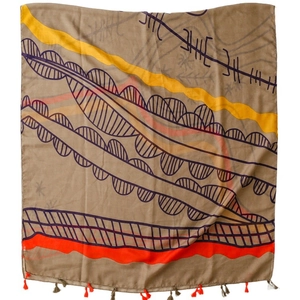 Abstract dark map pattern scarf with camel base and colorful tassels on white background