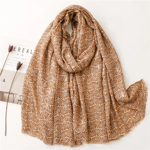 Women Long Scarf Shawl Leaf Print Gold Stamping Polyester Satin Cotton Warm Sun Protection Frayed Edges Accessory