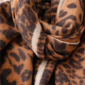 Close-up of leopard print scarf showing thick faux cashmere texture and white stripe details