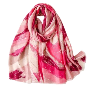 Elegant cotton linen scarf with pink abstract gradient patterns and golden foil dots
