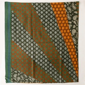 Detail of retro cashmere-feel scarf featuring paisley patterns and polka dot motifs