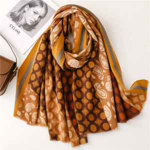 Thick warm paisley and polka dot cashmere shawl scarf with fringes in earthy tones