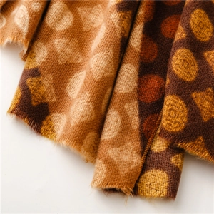 Close-up of thick cashmere-feel scarf with vintage polka dot and geometric patterns