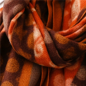 Close-up of warm cashmere-feel scarf with geometric dots and soft thick texture