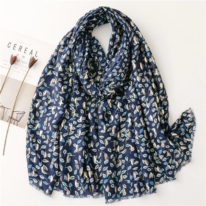 Leaf Print Gold Foil Scarf Shawl Soft Polyester Cotton Feel Warm Winter Long Wrap For Women Fringed Edge