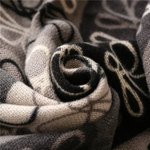 Close-up of thick cashmere-feel scarf showing detailed black and grey knit texture