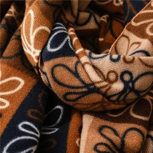 Detailed macro view of retro floral knit cashmere scarf with thick warm texture
