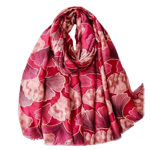 Retro red cotton-linen scarf with golden ginkgo leaf pattern and fringe tassels