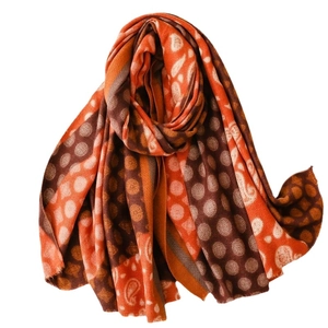 Retro paisley and polka dot cashmere-like shawl scarf in orange and dark brown