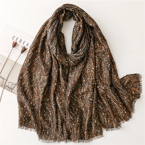 Écharpe d'hiver toucher coton et lin avec motif floral marron vintage et bords effilochés