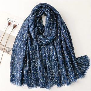 Châle toucher lin bleu foncé avec motifs étoilés dorés et franges élégantes