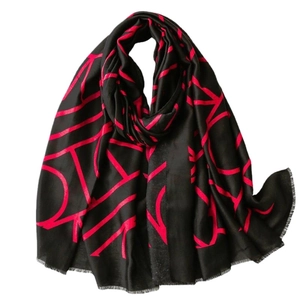Modern black and pink letter print scarf with fringe edges and satin cotton texture