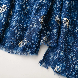 Close-up of navy paisley pashmina with gold foil printing and fine fringed edges