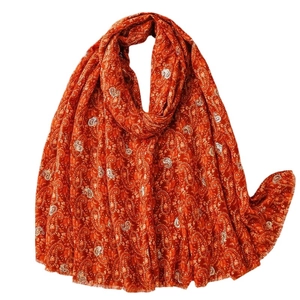 Vintage paisley orange red cotton scarf with fringe and warm thick wrap for women
