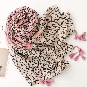 Fashionable cotton linen feel leopard print scarf with pink tassels for women