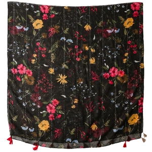 Ethnic cotton-linen scarf with floral print, silver sequins and red tassels on black
