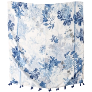 Blue floral print cotton-linen scarf with elegant tassels on a white background