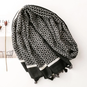 Close-up of geometric ring pattern and soft fringe tassels on long winter scarf