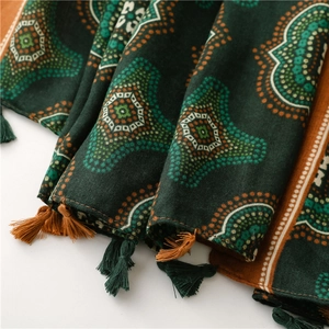 Dettaglio di sciarpa con stampa geometrica, nappe verde scuro e trama tessuta