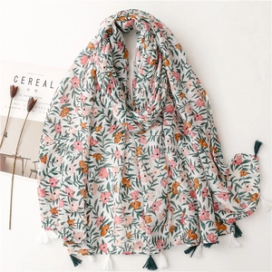 Women Floral Scarf Shawl Tropical Print Lightweight Breathable Bali Yarn Tassel Trim Sweet Fresh Bohemian Style