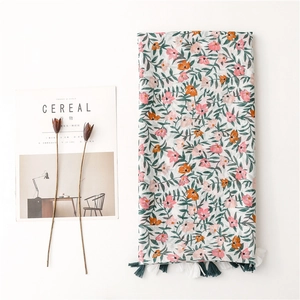 Fresh tropical floral cotton linen scarf with tassels and pink orange flower prints