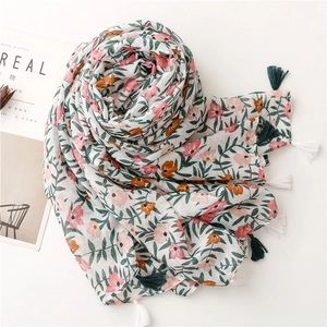 Floral cotton linen scarf with tropical flower patterns and fringe tassels for summer