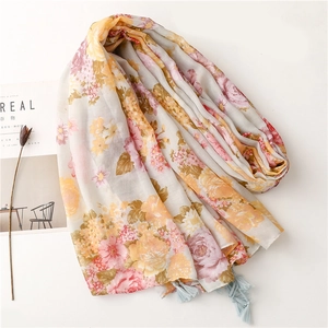 Retro floral scarf with tassels, soft cotton-linen feel shawl in 45-degree elegant view