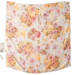 Vintage floral silk shawl with retro ethnic flower patterns and soft fringe tassels