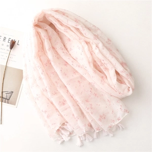 Pink floral cotton linen scarf with fine tassels and sweet minimalist print style
