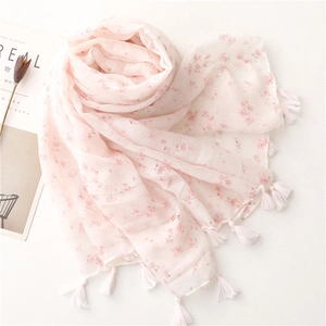 Light pink floral cotton linen scarf with soft fringe tassels for a sweet romantic style